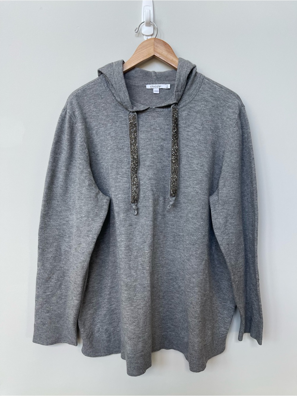Chicos | Gray Cashmere Blend Luxe Sparkle Drawstring Hoodie Sweater XXL